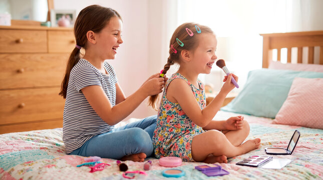 Two joyful sisters play dress-up on a cozy bed braiding hair and doing makeup