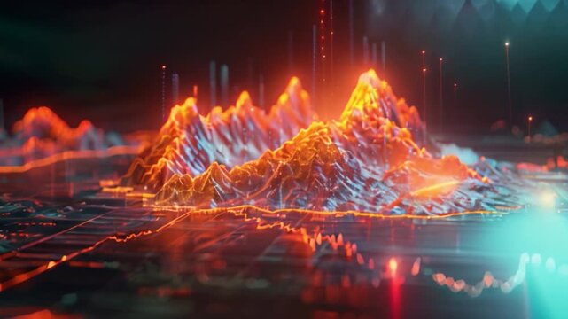 A 3D rendering of a mountain range, digitally illustrated in vibrant shades of orange and blue, appearing as a digital landscape.