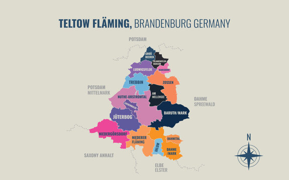 A map showing Teltow Fl&auml;ming BB Kreise into Gemeinden in a minimalist colorful style