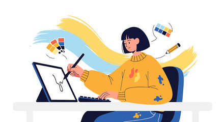 Obraz premium Graphic designer creating digital art on tablet with color palettes and stylus
