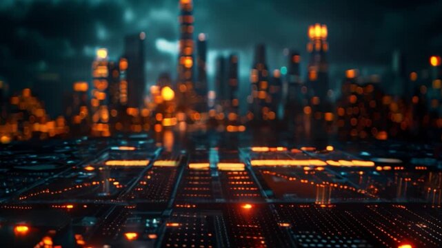 A digital illustration of a futuristic cityscape with glowing lights and circuitry in the foreground.