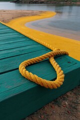 Fototapeta premium Yellow rope looped on painted dock beside sandy shoreline