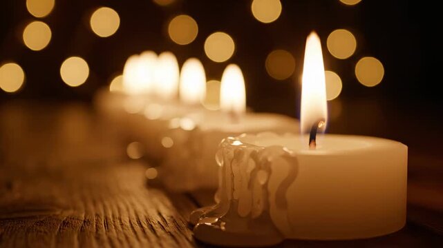 Row of burning white candles on a wooden table with soft bokeh background for memorial or vigil.