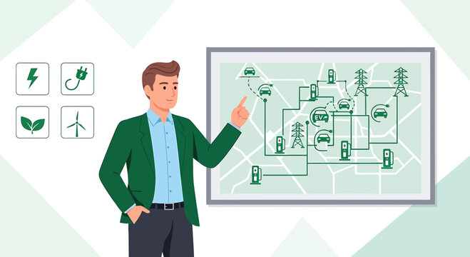 Man presenting electric vehicle charging network map with renewable energy icons