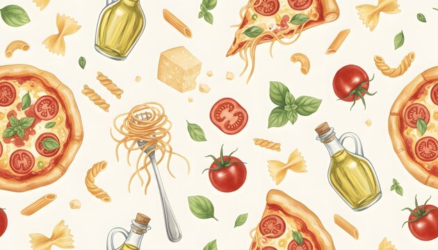 Delicious Italian Food Pattern - Pizza, Pasta, Tomatoes and Olive Oil