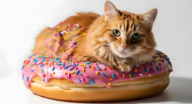 A cute orange cat lying on a large pink frosted donut
