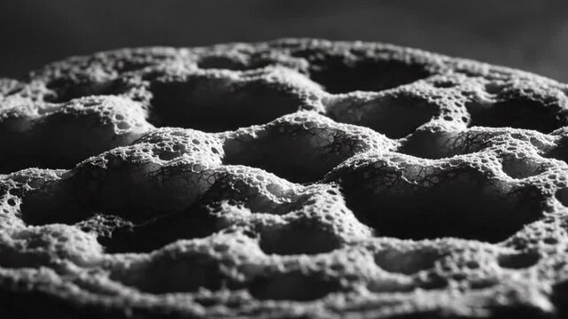 Black and white close up of textured porous surface with shadows for abstract background