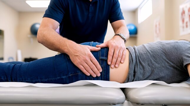 Professional physiotherapist performing a manual adjustment on a patient's lower back and hip area in a clinical setting. Concept of chiropractic care, pain relief, and spine rehabilitation.