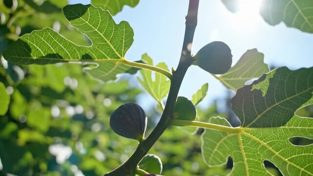 Ripe purple figs hanging on a tree branch with green leaves in a sunny orchard.