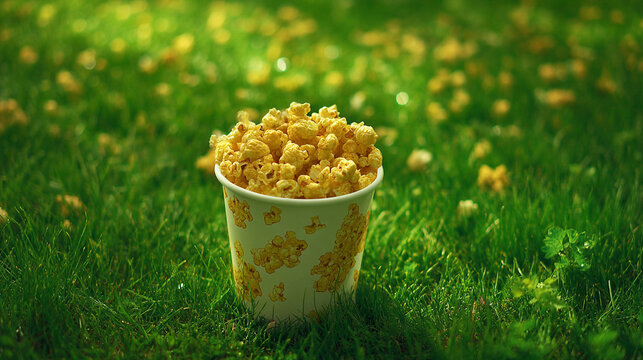 Bucket of buttered popcorn sitting in lush green grass outdoors with container