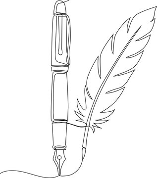 Elegant writing tools a continuous line art of a pen and feather