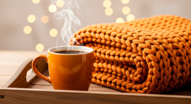 Warm Coffee Mug and Orange Knitted Blanket on Wooden Tray with Bokeh Background