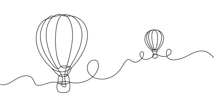 Hot air ballons in continuous one line drawing. Single line draw illustration of hot air ballons. Editable vector.