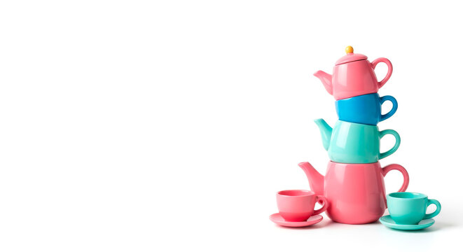 Stacked Colorful Teapots and Teacups with Copy Space