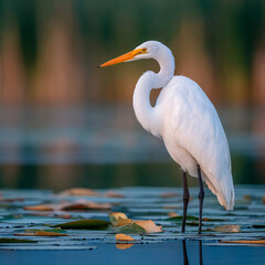 Obraz premium Great egret standing in shallow water surrounded by water lilies with wading bird, white bird