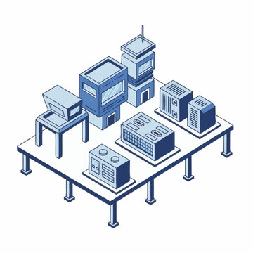 Isometric illustration of modern server racks and data center equipment.