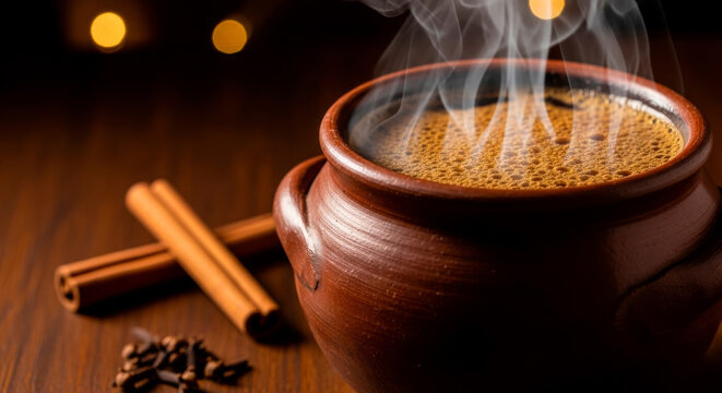 Steaming hot beverage in a rustic earthenware mug with cinnamon and cloves on wood