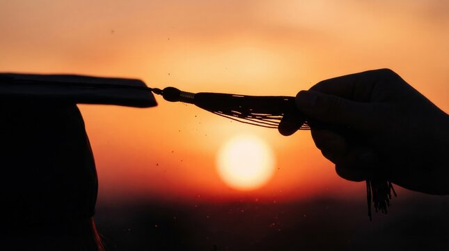Graduation ceremony concept with silhouette of graduate turning the tassel against a sunset. Academic achievement and university commencement for successful completion of higher education.