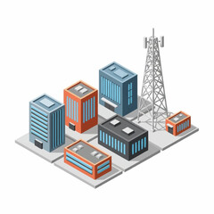 Obraz premium Modern Cityscape with Tall Communication Tower and Buildings.