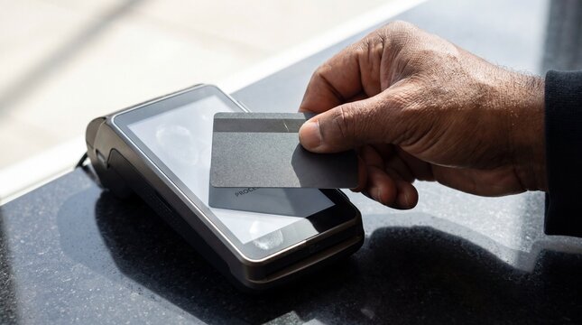 Close up of dark skinned hand holding credit card above contactless card reader terminal making payment, natural light and reflective countertop, business transaction and finance mood