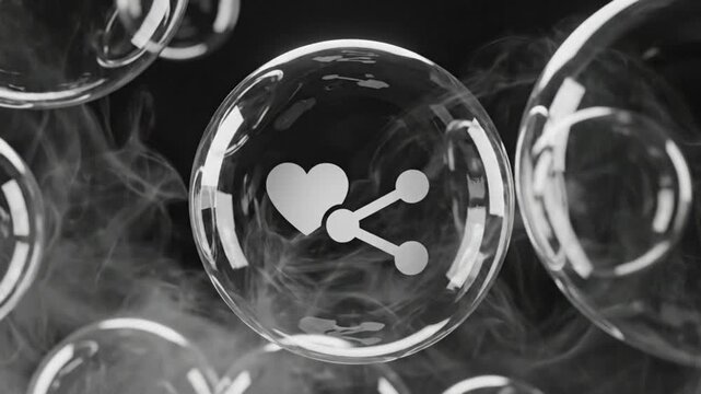 Abstract grayscale animation of bubbles with a heart and share symbol floating in a smoky atmosphere