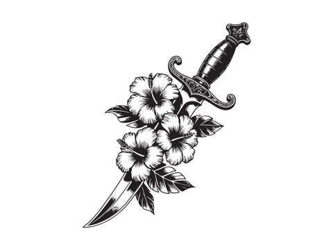 Black and white tattoo of dagger piercing through hibiscus flowers