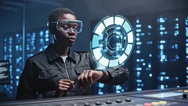 Woman uses holographic circular interface wearing safety goggles in tech lab. Female engineer interacts with hologram display in laboratory. Woman touches circular holographic technology with goggles.