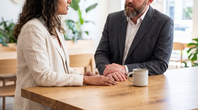 Comforting moment between two colleagues seated at wooden table, one person holding other hand in supportive gesture during private conversation
