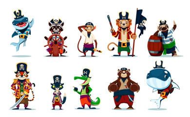 Fototapeta premium Cartoon animal pirate and corsair vector characters. Shark sailor, raccoon helmsman, crocodile boatswain and tiger animal captain pirate. Whale, lion and cat seaman, bear gunner and monkey cabin boy