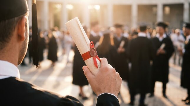 Male graduate holding diploma scroll at outdoor university ceremony during sunset. Academic success and higher education milestone.
