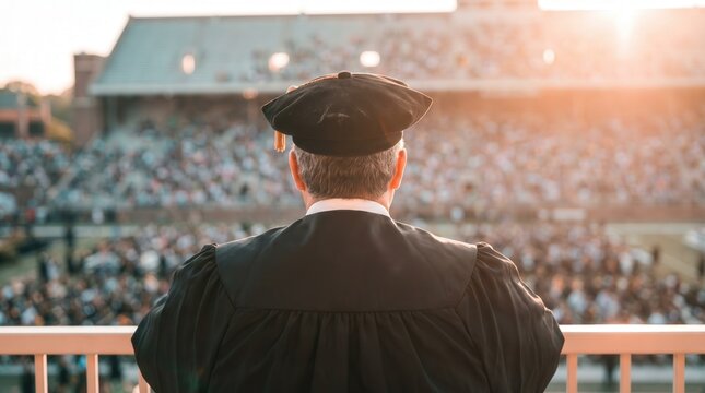 University professor in academic regalia overlooking graduation ceremony at sunset stadium. Higher education success, commencement speech and doctoral achievement.