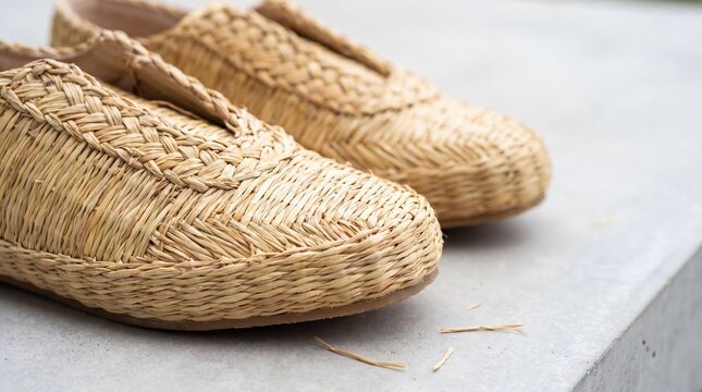 Woven straw slippers with braided detail and natural fiber texture on concrete surface, cozy handcrafted footwear conveying warm rustic charm and relaxed comfort