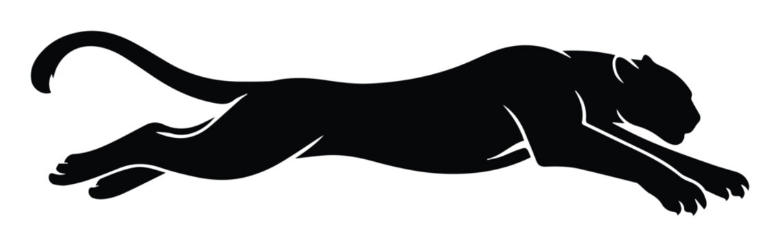 Dynamic black panther silhouette vector, leaping wild cat graphic, powerful animal emblem for sports, branding, or nature designs, isolated on white.