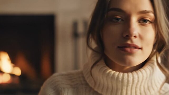 Close up portrait of a thoughtful young woman wearing a cozy white sweater relaxing at home by a fireplace.