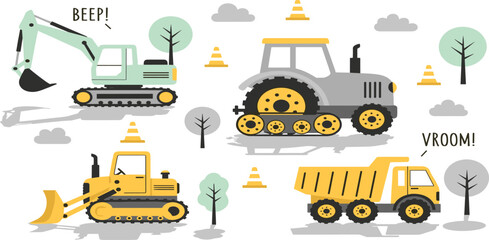 Cute Cartoon Construction Vehicle Set Featuring Excavator Dump Truck Bulldozer and Tractor for Kids Nursery Decor Playroom Wall Art and Educational Graphics © MstRuna