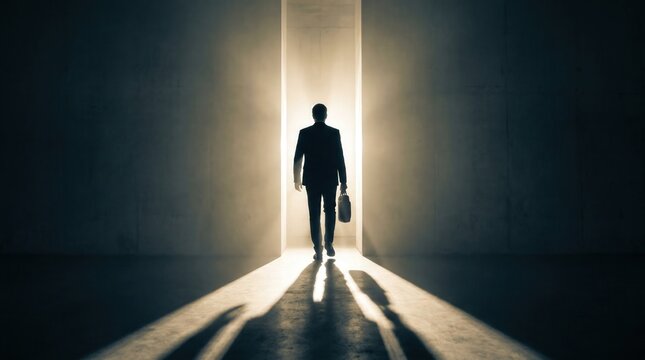 3D render illustration of career opportunity concept with businessman walking toward light. Future vision, leadership and professional transition for corporate success.