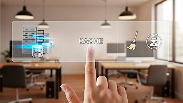 A hand touching the word Cache on a virtual screen. 