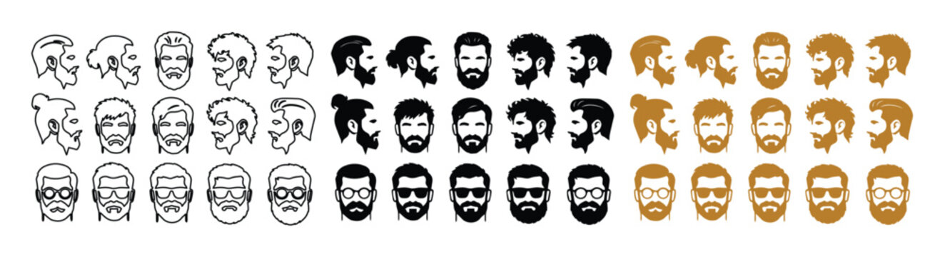 Bearded Men Avatars, diverse male character headshots with various hairstyles and facial hair. Modern flat vector icon set for user profiles, social media, and business branding.