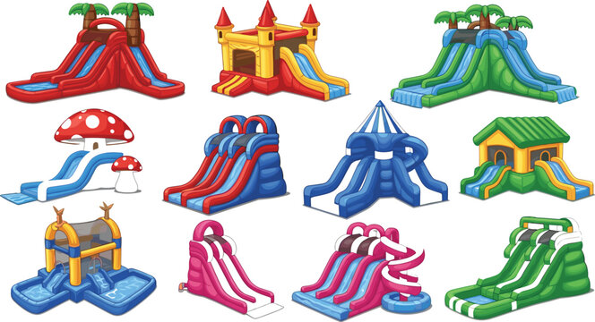 Inflatable water slides and playground structures set illustrating kids entertainment, amusement park attractions, summer fun activities, and outdoor recreation vector illustration