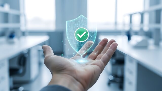 Hand holding a shield icon in the laboratory for the concept of security.