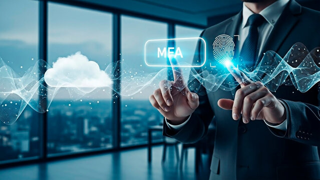 Businessperson interacting with a futuristic MEA interface for technological advancement.