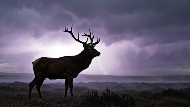 Majestic stag silhouetted against a dramatic stormy sky with lightning strikes illuminating the horizon