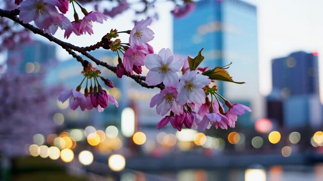 Cherry blossoms blooming in front of a modern city skyline at dusk in Japan.