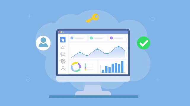 Flat vector animation of a desktop analytics dashboard with charts, user profile, security key, and approval check icons. Concept of data monitoring, access control, and secure business insights.
