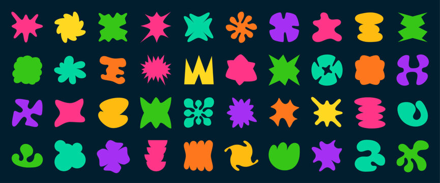 Abstract groovy shapes, funky stickers of retro y2k geometric figures and forms. Vector flat color flowers, star, cloud and sparkle shapes. Groovy bold bubble, wavy and zigzag figures set