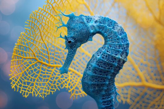 Blue seahorse swimming with vibrant yellow coral