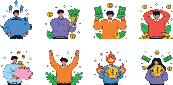Financial Management and Wealth Concept Illustration Set Featuring Characters with Piggy Banks Money Coins and Cash for Savings Investment Banking and Personal Finance Education