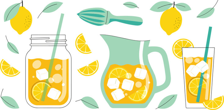 Fresh lemonade vector set featuring pitcher mason jar glass and citrus juicer for summer refreshment design