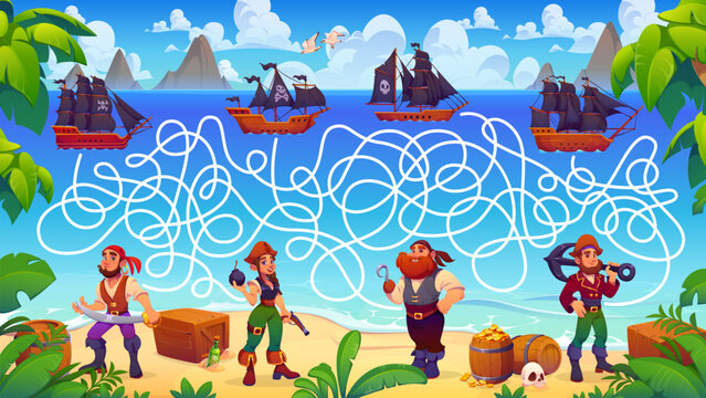 Cartoon pirate labyrinth maze game with sail ships and corsairs. Pirate maze featuring sailor with dagger, pirate girl with pistol and boatswain with hook hand. Vector activity for party games