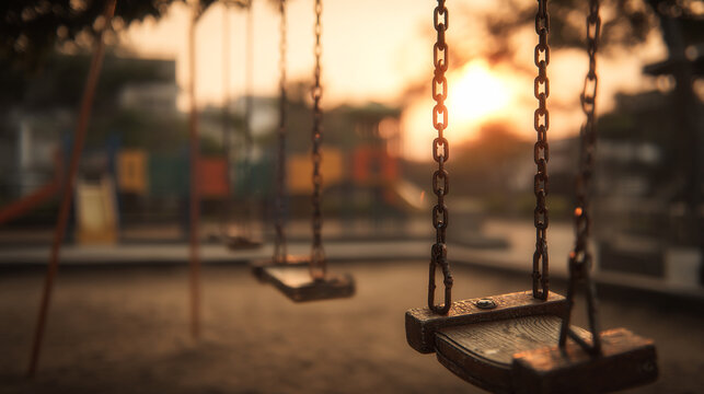 Empty playground swings hanging at sunset in a quiet public park